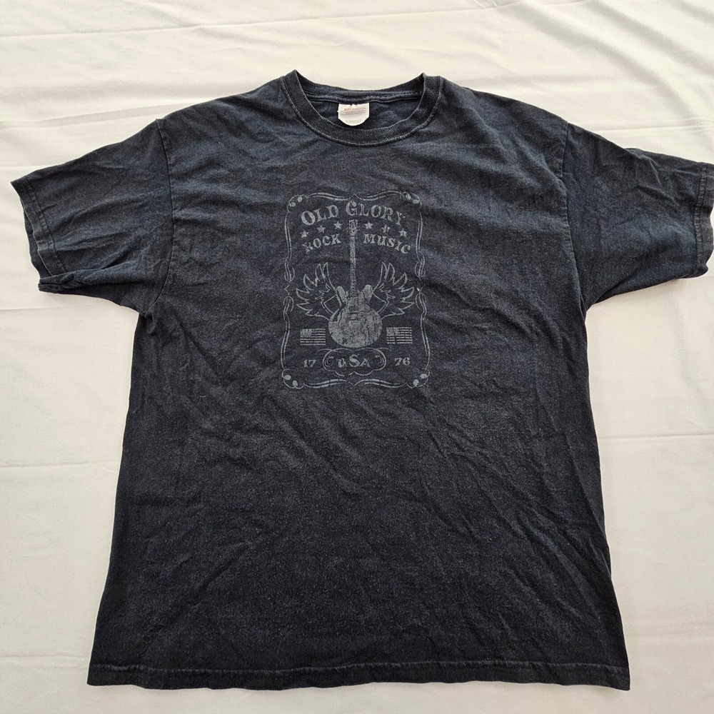Old Glory Rock Music Guitar Flag Black Short Sleeve‎ Cotton T-Shirt Men's L